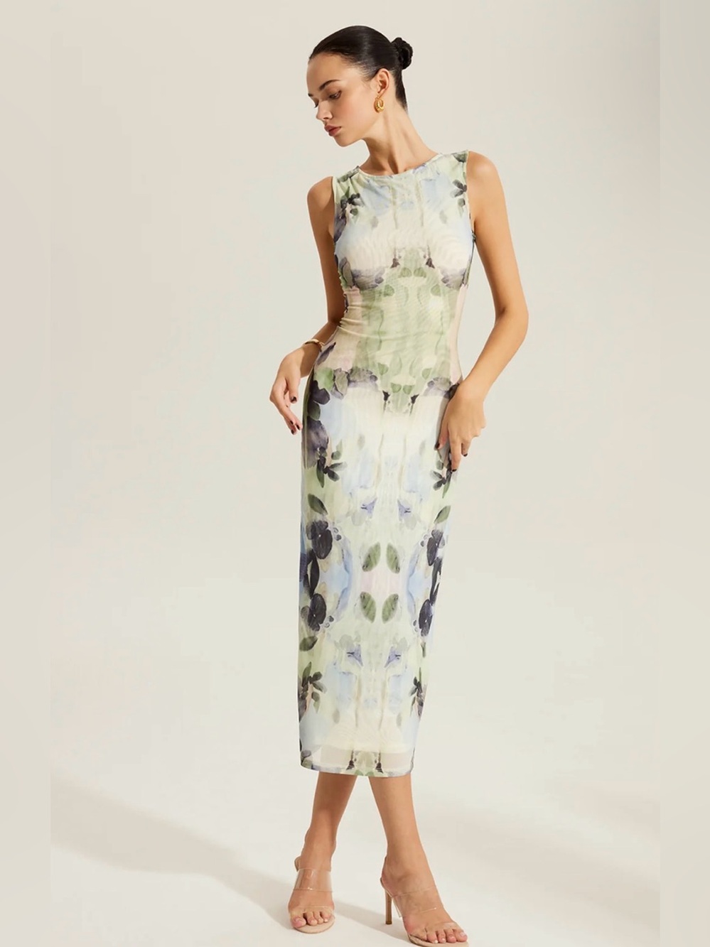 Commense Sleeveless Mesh Floral Midi Dress
